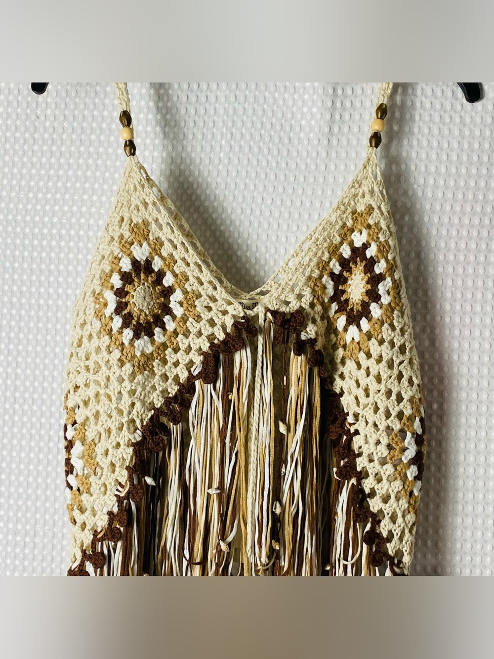 Miss Me Crochet Fringe Tank Top L Boho Festival Cream Brown Tassel Top NWT - Picture 7 of 15